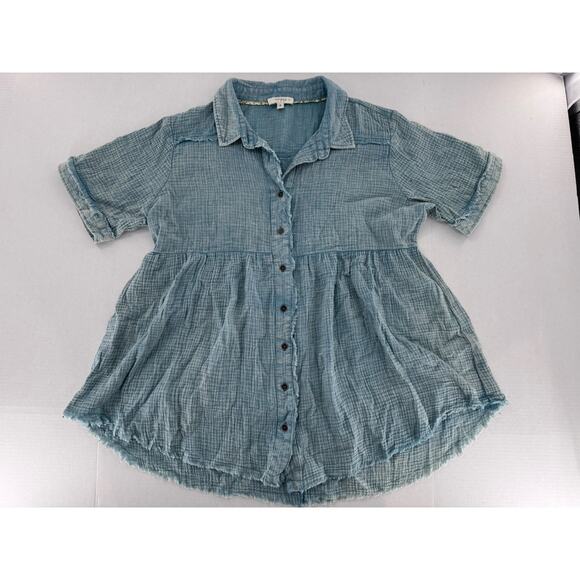 Umgee Tunic Top Sz XL Lagenlook Artsy Beach Raw Hem Guaze Blue Boho Loose Fit - Picture 3 of 12